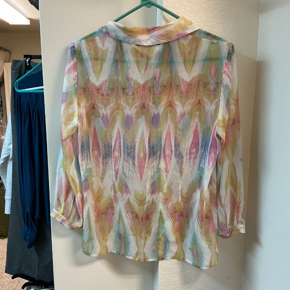 Peter Nygard 6 sheer multicolor peacock feather button collar 3/4 Sleeve Blouse - Picture 2 of 3